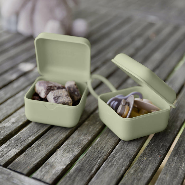 caption-BIBS carry case shown with pacifiers in one and rocks in another