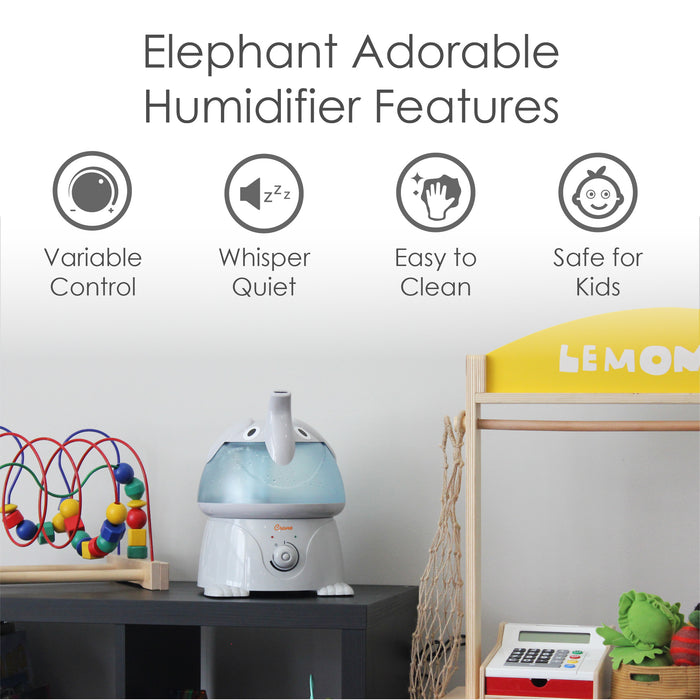 caption-Features of Crane Elephant Cool Mist Humidifer include whisper quiet sound