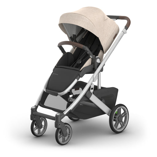 UPPAbaby Cruz V3 Stroller with Declan fabric beige canopy and black seat on a white background