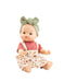 Baby doll with a floral dress and green headband on a white background