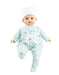 Baby doll wearing a light blue outfit with patterns on a white background