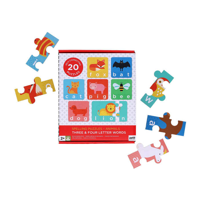 Children's puzzle set with animal names and pieces with a packaging box on a white background