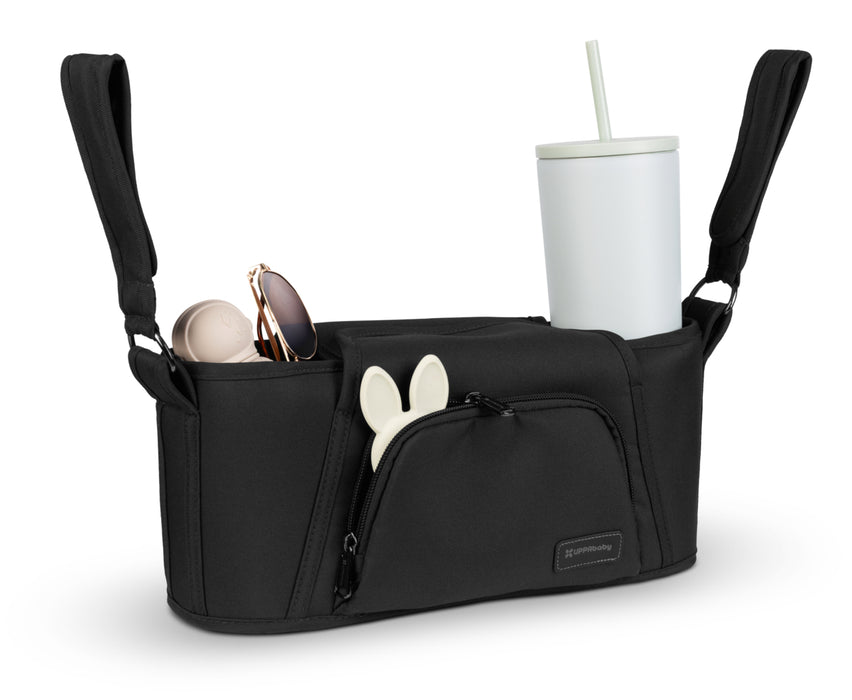 Black stroller organizer with a cup holder and compartments on a white background