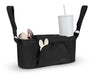Black stroller organizer with a cup holder and compartments on a white background