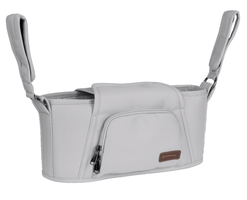 Gray stroller organizer with handles on a white background