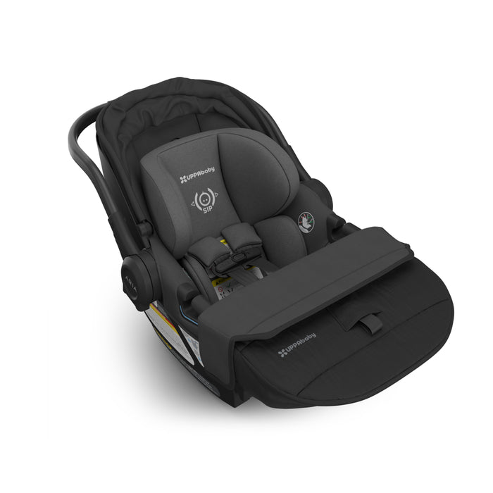 Black baby car seat with visible branding on a white background