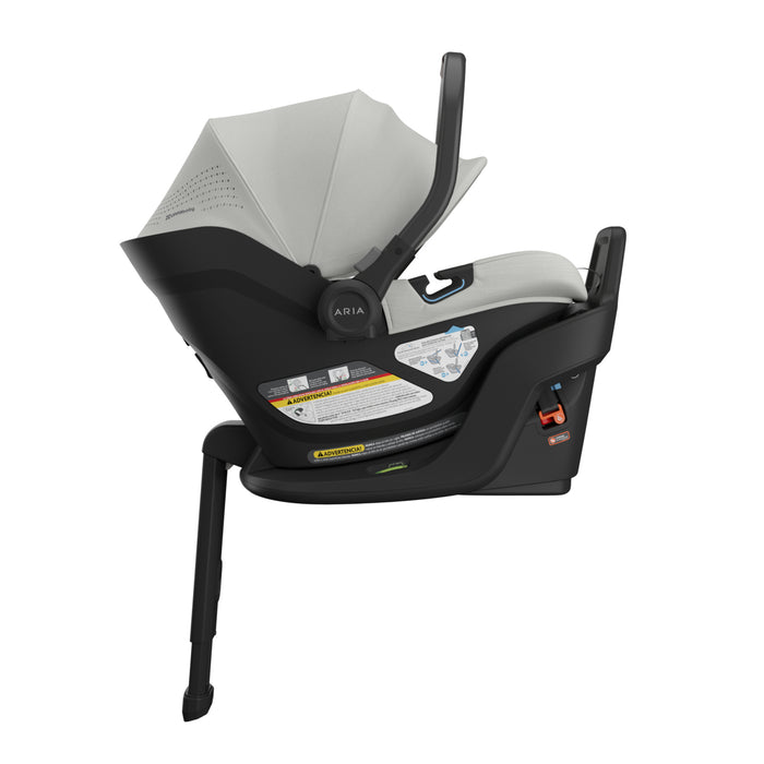 Black and gray car seat with canopy on a white background