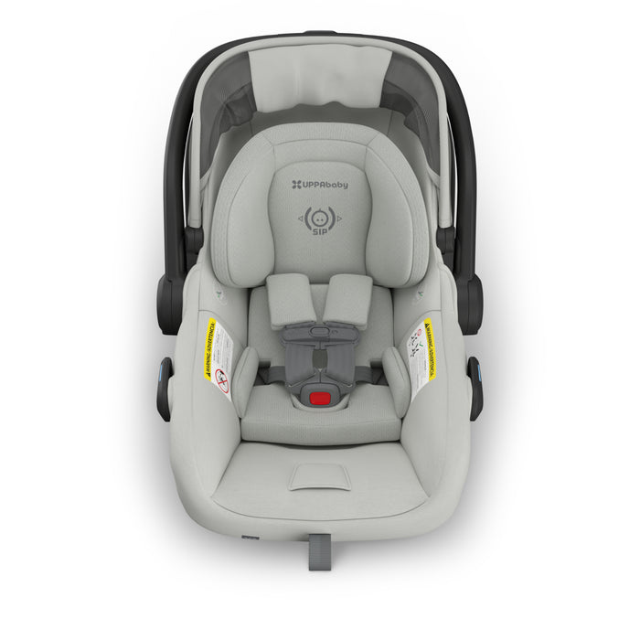 Gray baby car seat with visible branding on a white background