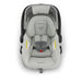 Gray baby car seat with visible branding on a white background
