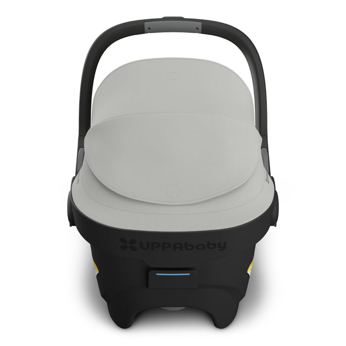 Uppababy baby car seat with gray cover on a white background