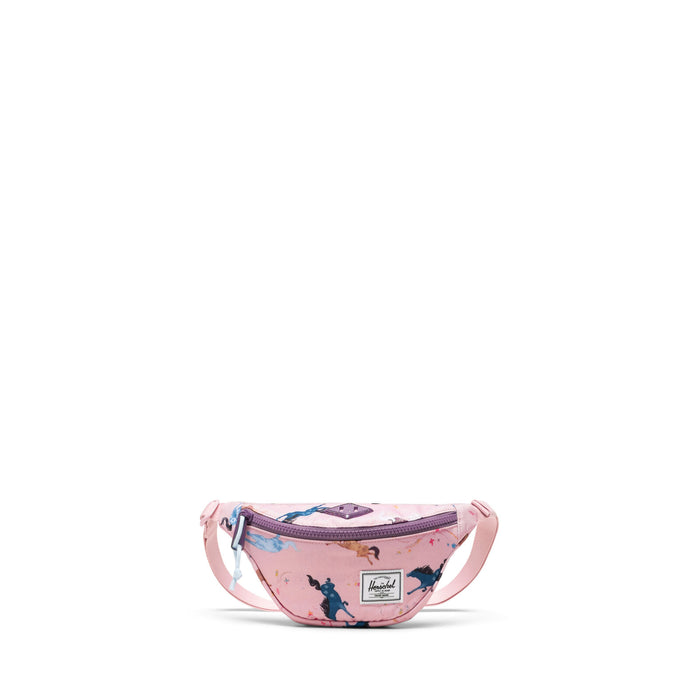 Pink fanny pack with character print on a white background
