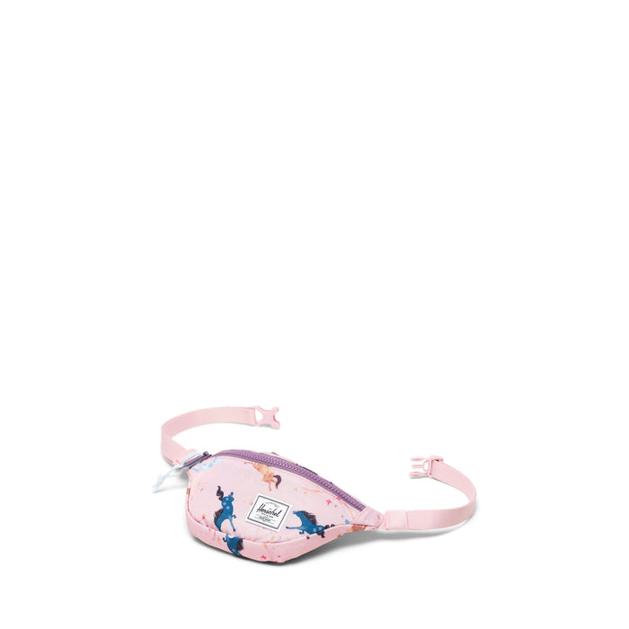 Pink waist bag with cartoon designs on a white background