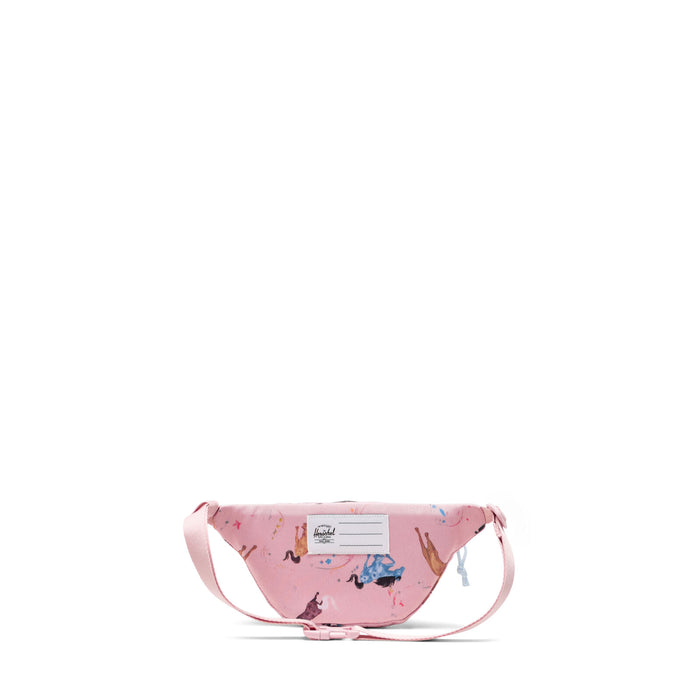 Pink waist bag with character print on a white background
