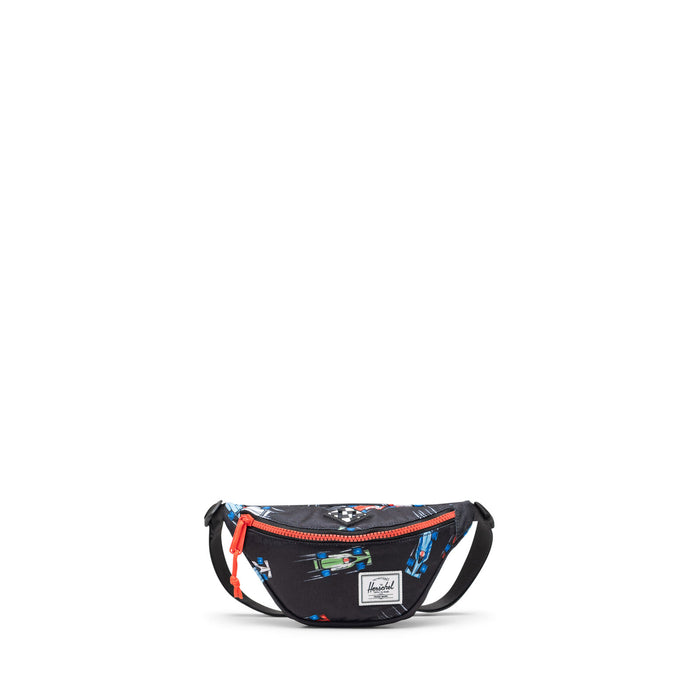 Black waist bag with colorful design on a white background