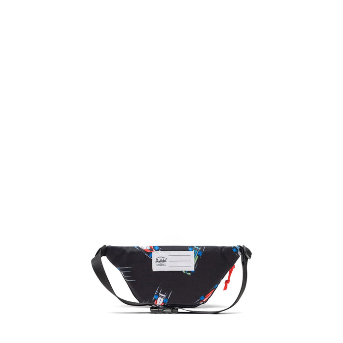 Black waist bag with colorful floral pattern on a white background