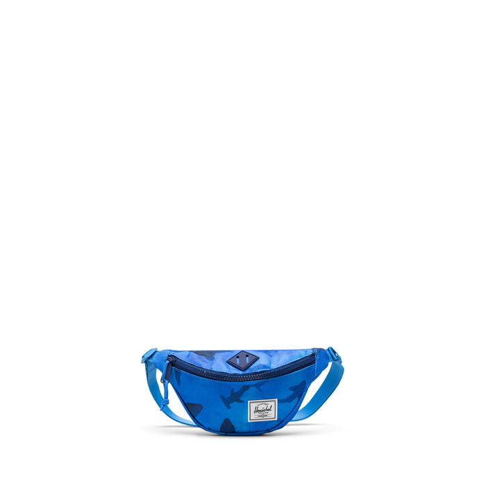 Blue fanny pack with a brand logo on a white background