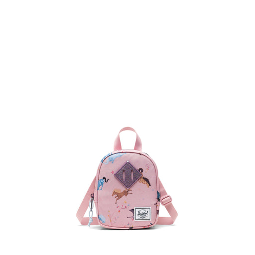 Pink backpack with animal prints on a white background