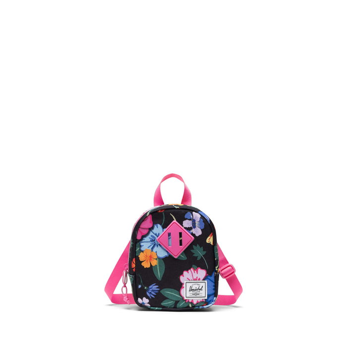 Floral-patterned backpack with pink straps on a white background