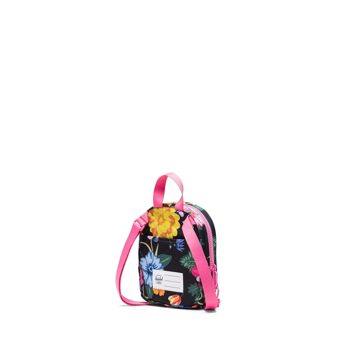 Backpack with floral design and pink straps on a white background