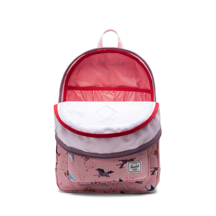 Pink backpack with a pattern on a white background