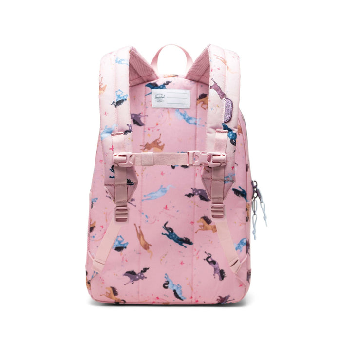 Pink backpack with animal pattern on a white background