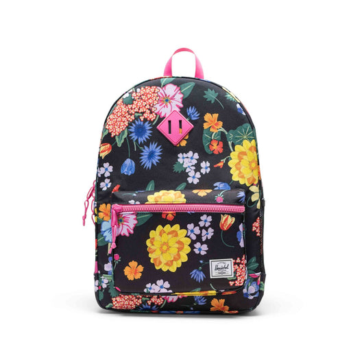 Floral-patterned backpack with pink accents on a white background
