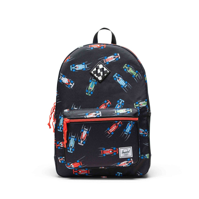 Backpack with race car pattern on a white background