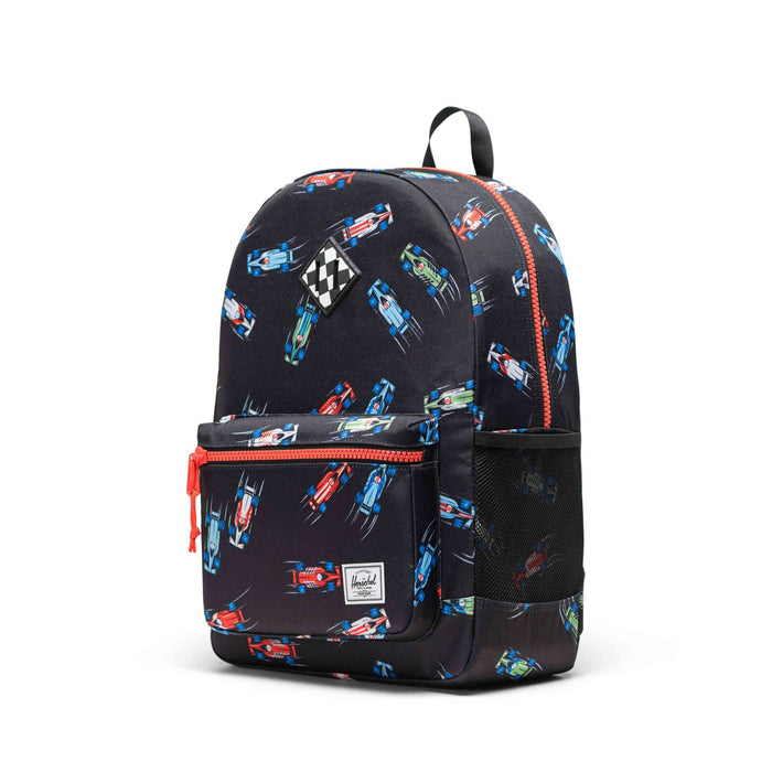 Backpack with race car pattern on a white background