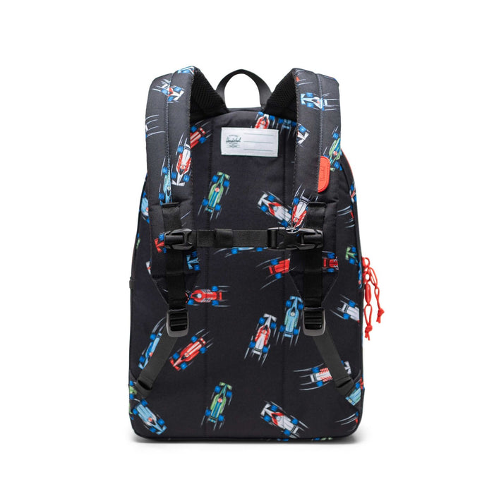 Black backpack with colorful car pattern on a white background