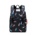 Black backpack with colorful car pattern on a white background