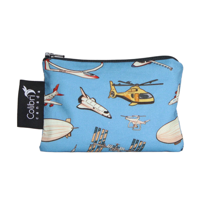 Pouch with aviation-themed design featuring a Colibri Canada tag on a white background