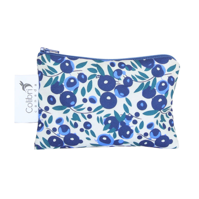 Floral-patterned pouch with blue flowers on a white background, featuring the brand 'Colibri'.