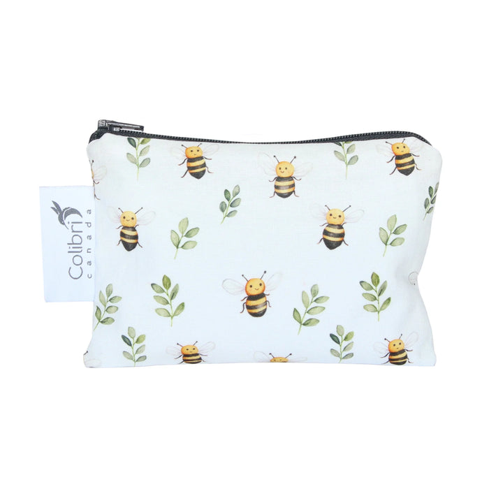 Pouch with bee pattern and Colibri Canada branding on a white background