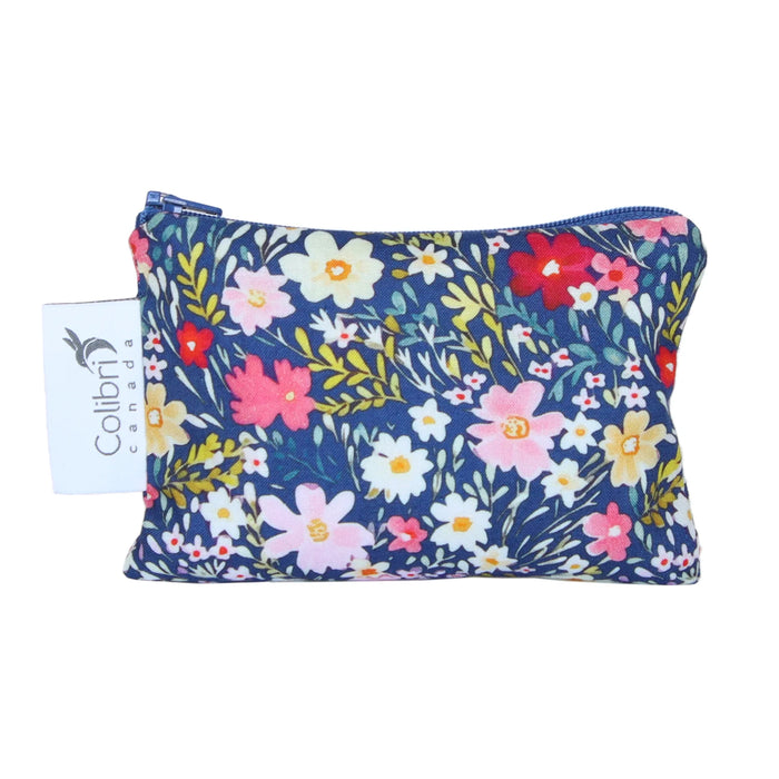 Floral-patterned pouch with a visible brand tag on a white background