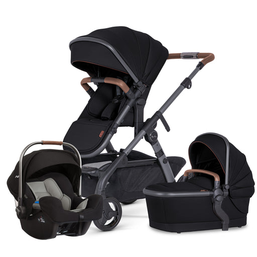 Black baby stroller with car seat and bassinet on a white background