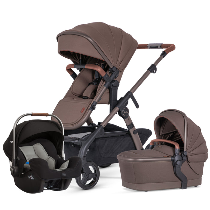 Brown and black stroller set with car seat and bassinet on a white background
