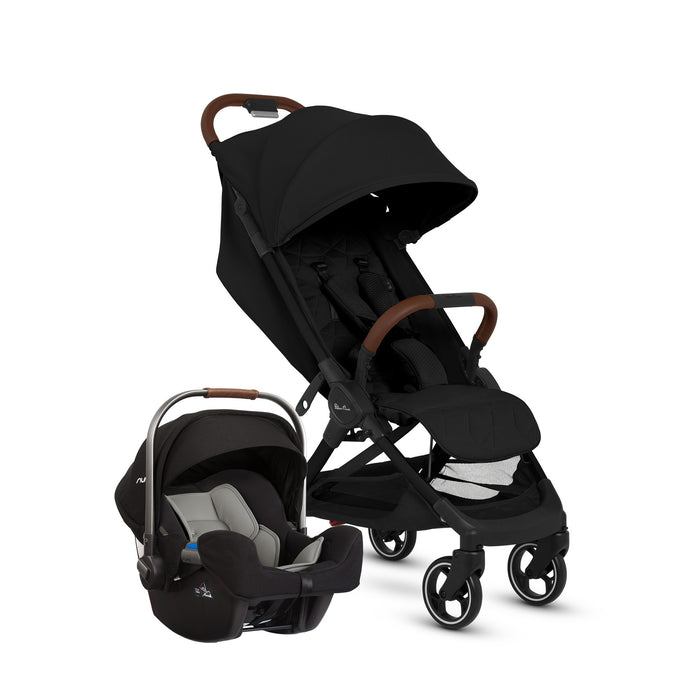 Black baby stroller with black carseat on white background