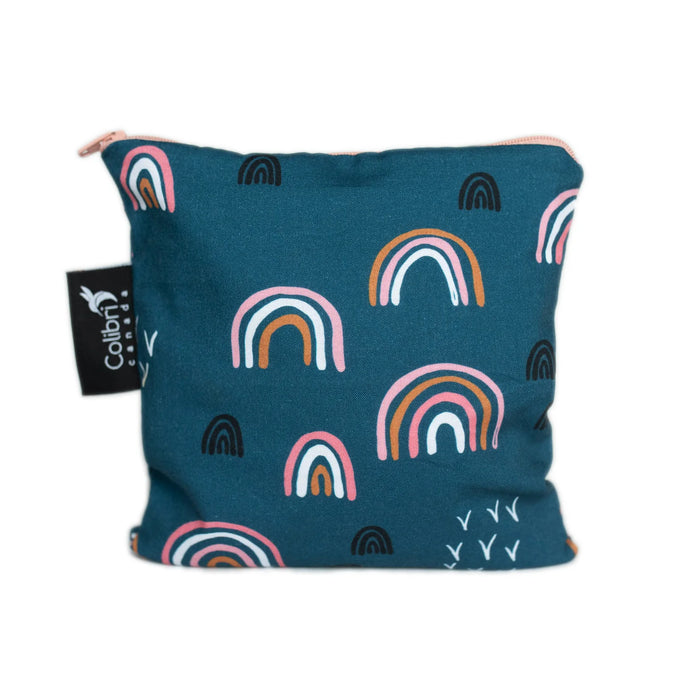Teal pouch with rainbow pattern and Calibra tag on a white background