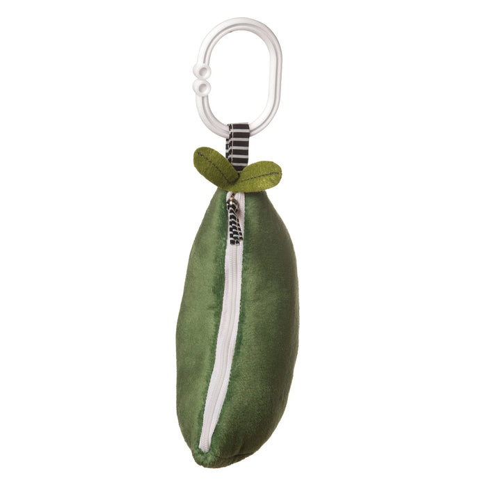 Green toy pouch with a white zipper and a carabiner clip on a white background