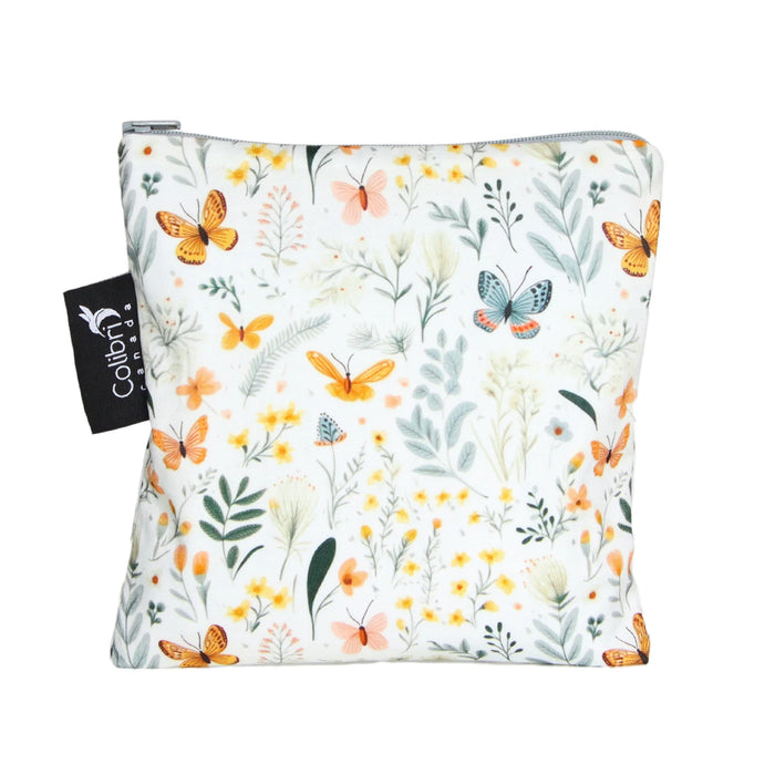 Floral and butterfly-patterned pouch with Colleen brand tag on a white background