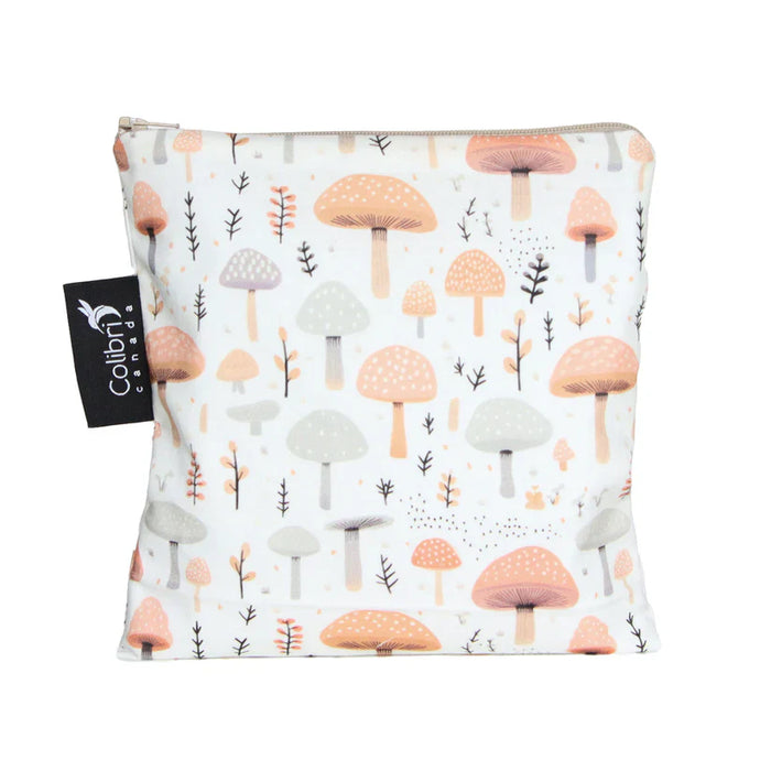 Pouch with mushroom pattern and Colibri Canada tag on a white background