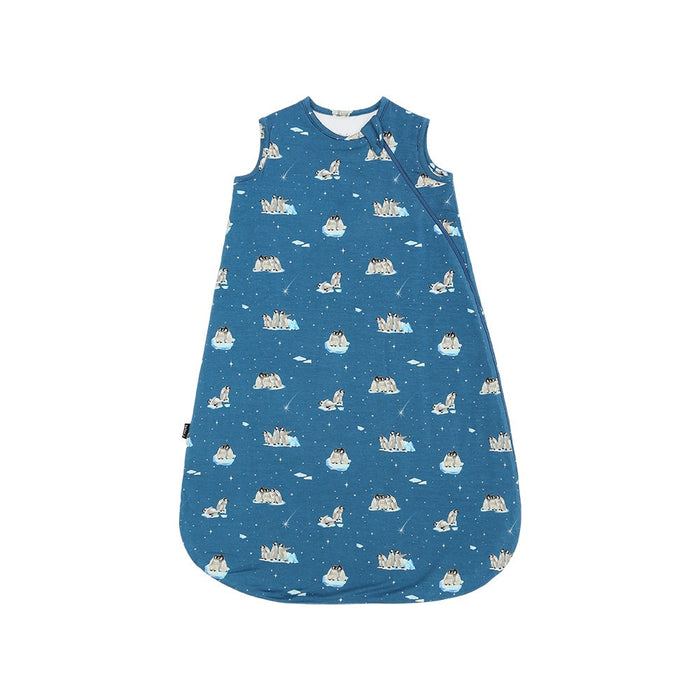 Blue baby sleeping bag with penguin pattern on a white background