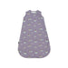 Purple baby sleeping bag with penguin pattern on a white background