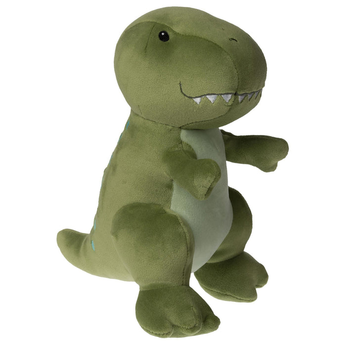 Green dinosaur plush toy on a white background