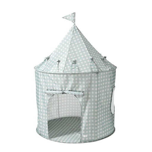 Children's play tent with blue checkered pattern on a white background