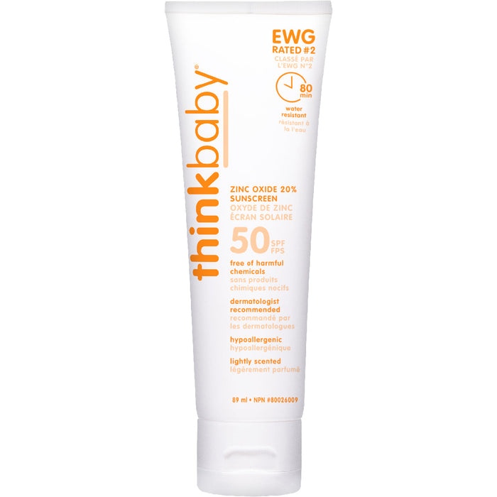 caption-Think Baby 50 SPF Sunscreen with 20% Zinc Oxide