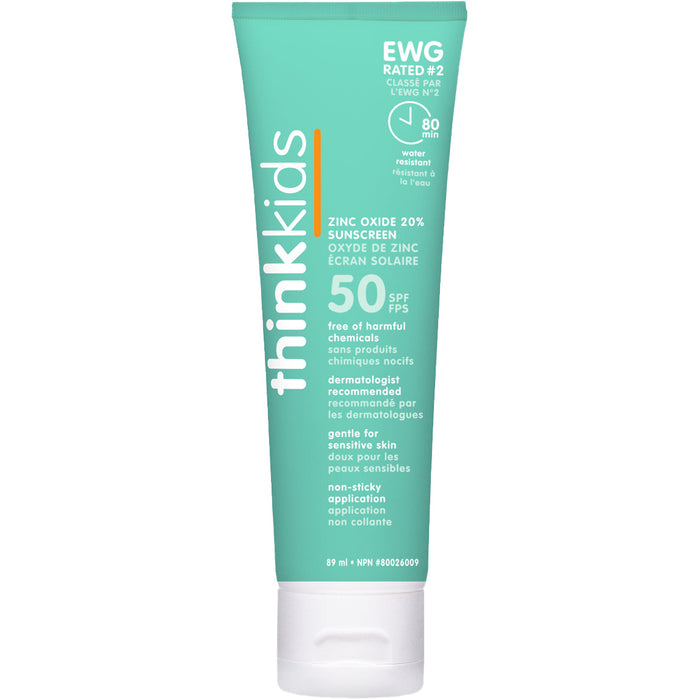 caption- New Look (same great formula) Think Kids 50 SPF Sunscreen with 20% zinc oxide