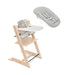 Wooden high chair with baby seat and tray, accompanied by a gray cushion on a white background