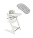 White high chair with gray cushion and matching headrest on a white background