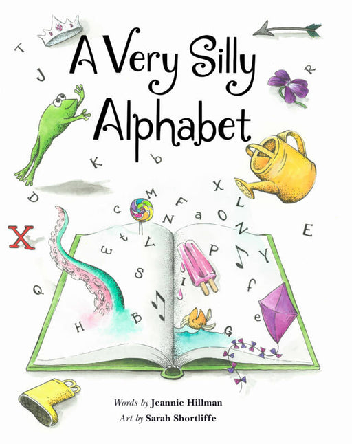 Children's book cover of 'A Very Silly Alphabet' with colorful illustrations and a open book.